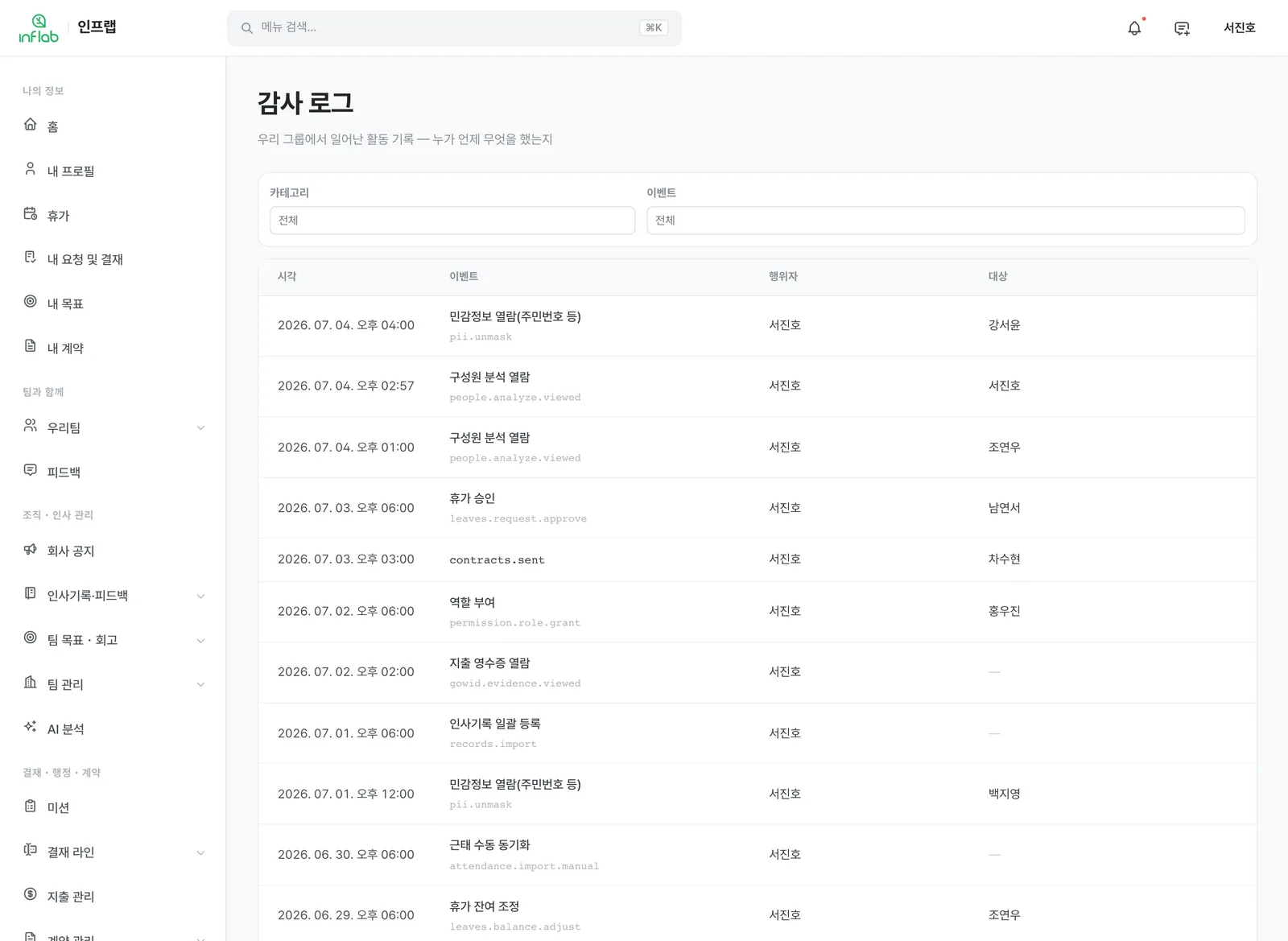 감사 로그 화면 — 열람 기록 추적