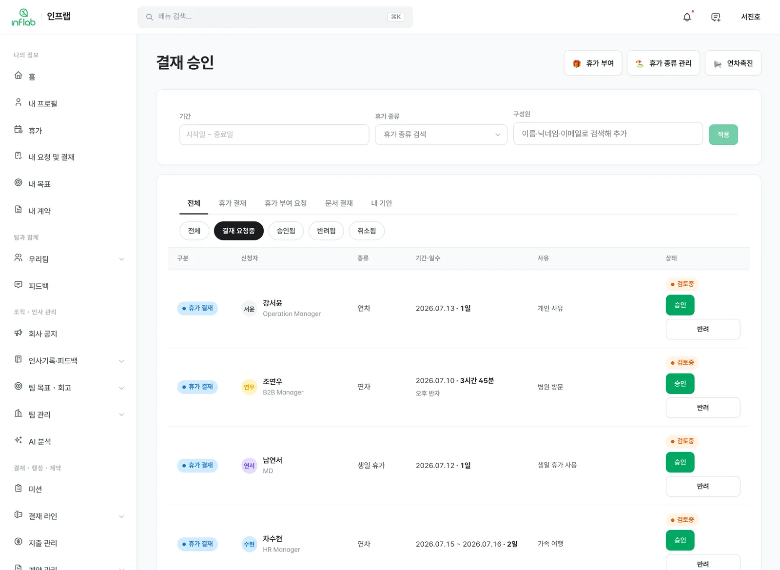 결재 승인 화면 — 결재선·상태별 현황