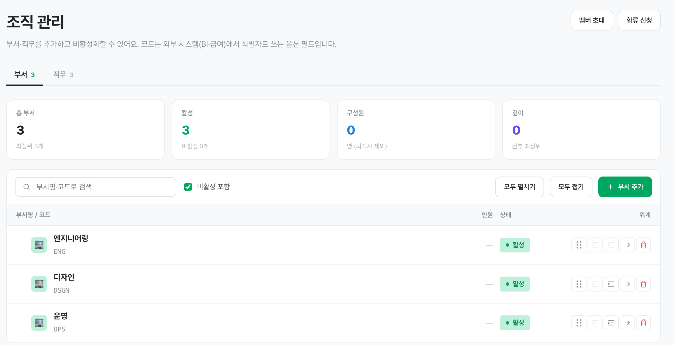 /admin/org 조직 관리 — 부서 탭