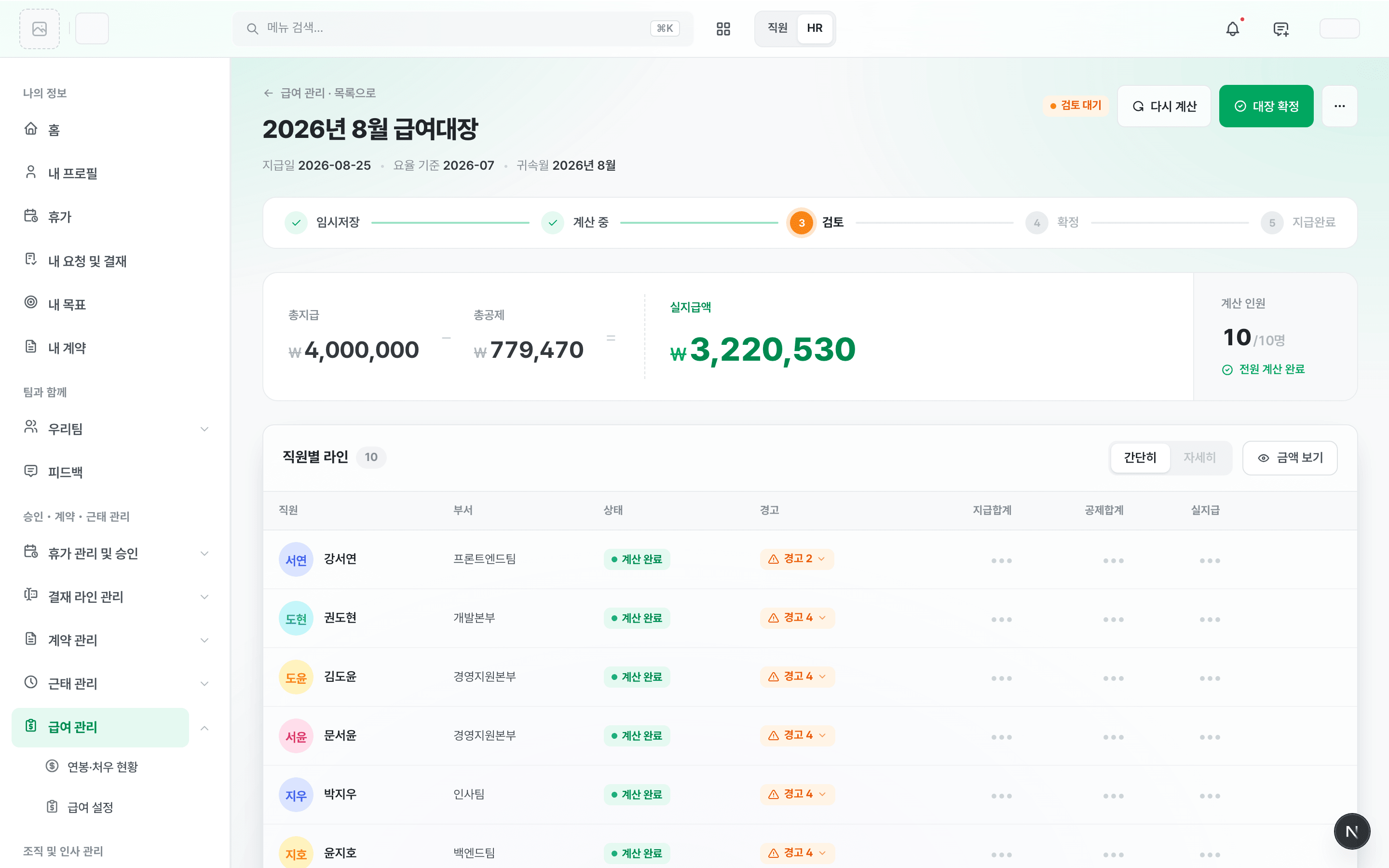 /admin/payroll 급여대장 상세 — 검토 대기 상태